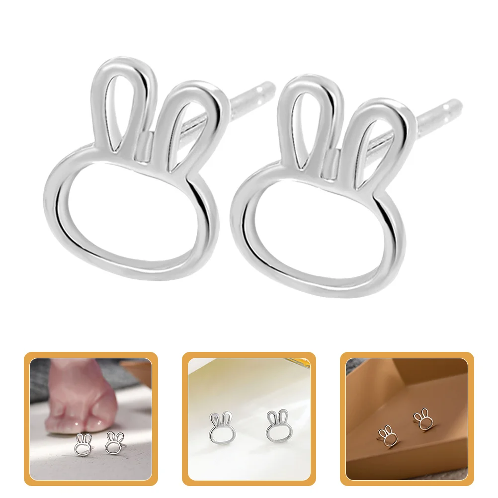 

2Pairs Adorable Bunny Earrings Zinc Alloy Durable Silver Studs Cute Animal Earrings for Women Girls Bunny Jewelry for Women