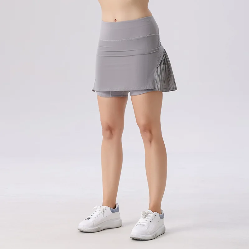 Yoga Tennis Skirt Women Sports Fitness High Waist Tummy Control Pleated Skirt Lined Anti-Exposed Fake Two-piece Skirt