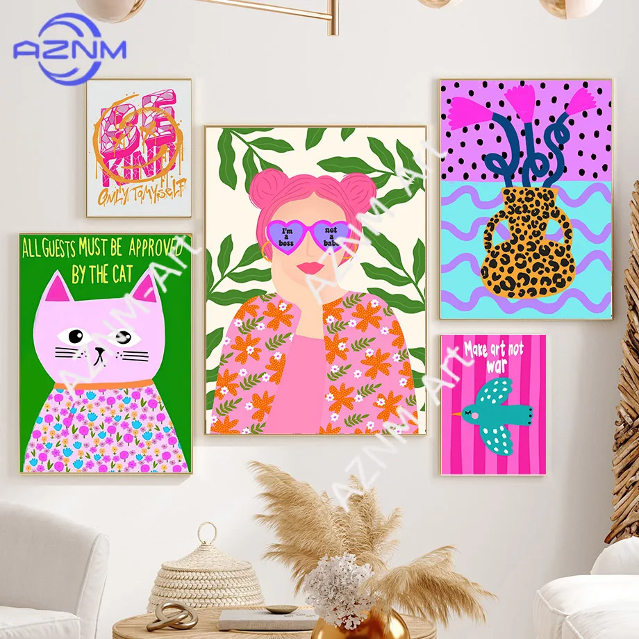 Fashion Glasses Girl Cat Flower Vase Colorful Wall Art Canvas Painting Abstract Posters AndPrints Pictures For Living Room Decor
