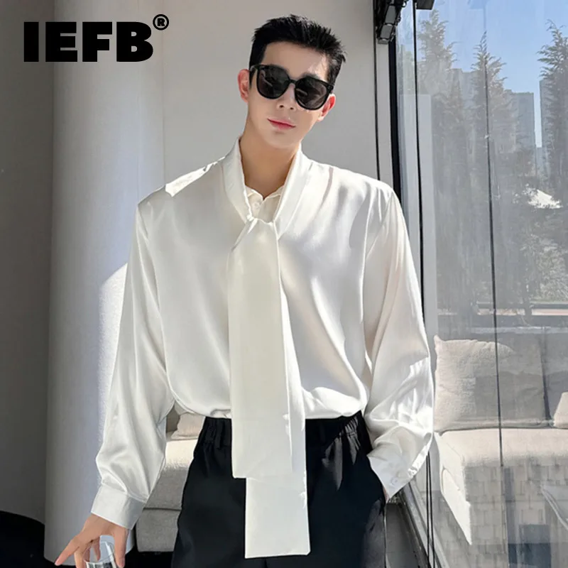 

IEFB Korean Fashion Men's Shirt Bow Tie Design Loose Simple Fresh Long Sleeve Casual 2024 Spring Solid Color Male Tops 9C5081