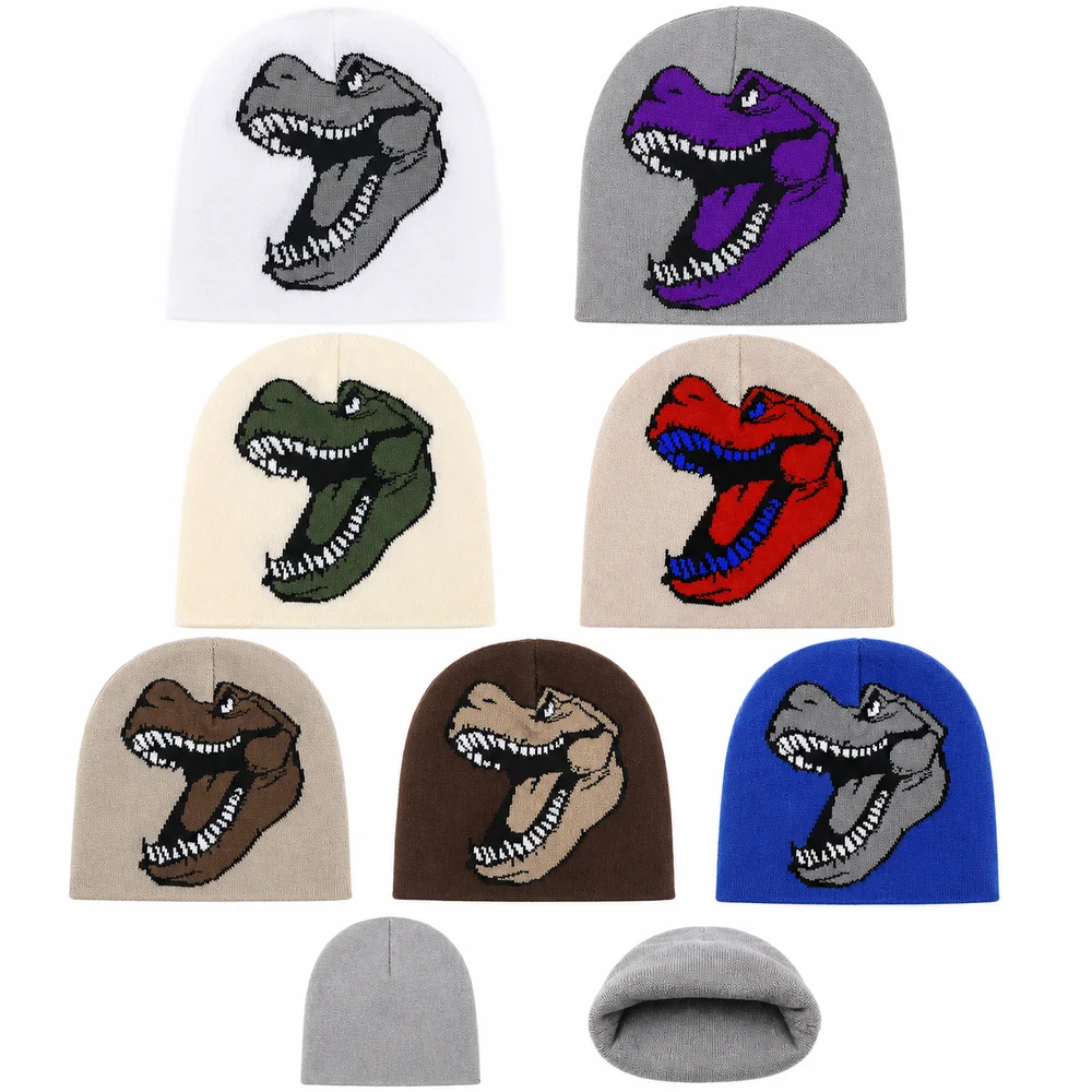 New Knitted Dinosaur Beanie Dinosaur Pattern Warm Knitted Beanie Hat Stretch Fit Pullover Winter Beanie Daily Outfits