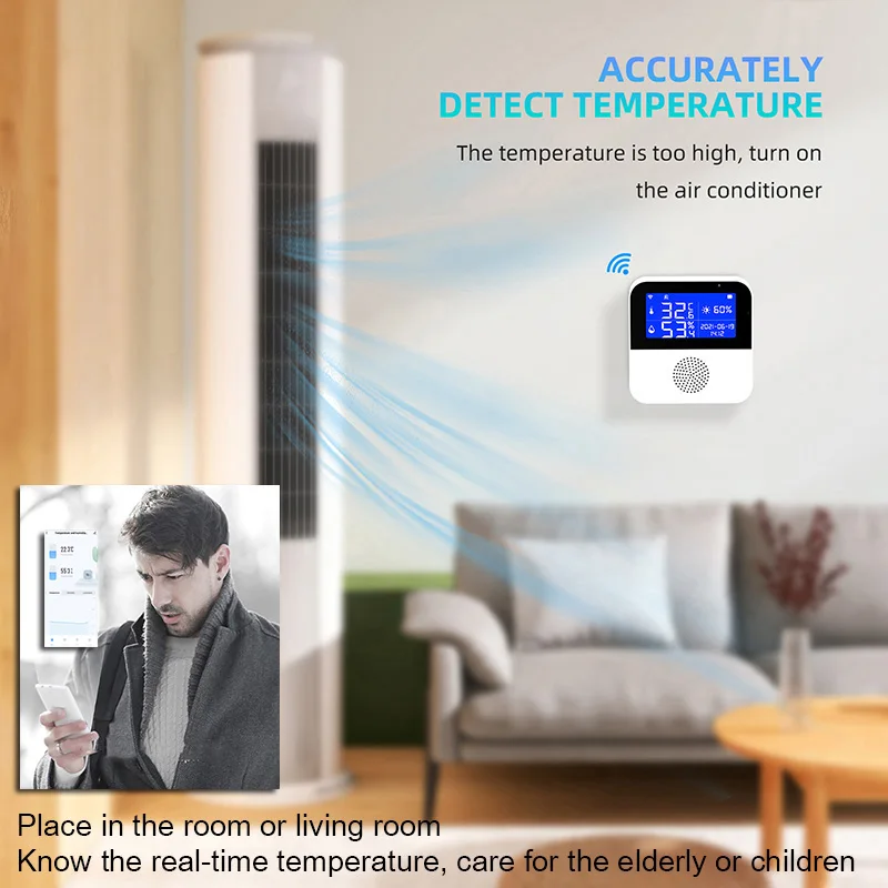 Imagem -03 - Wifi Tuya Sensor de Temperatura e Umidade Vida Inteligente Display Led Linha Detector de Água Sala Escritório Aquário Interior