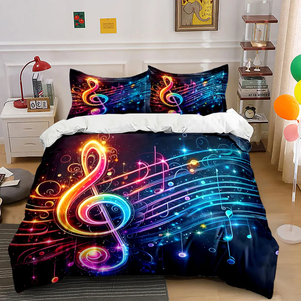 Bunte Musiksymbole mit leuchtenden Linien, bedrucktes Bettwäsche-Set, 1 Bettbezug, 2 Kissenbezüge für Erwachsene und Kinder, luxuriöses Geschenk