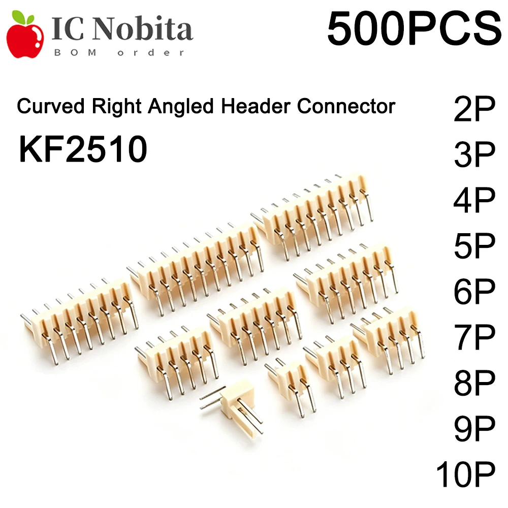 500PCS KF2510 Connector 2.54mm Pitch 2 3 4 5 6 7 8 9 10 Pin Curved Right Angled Header Connector 2510-AW PCB