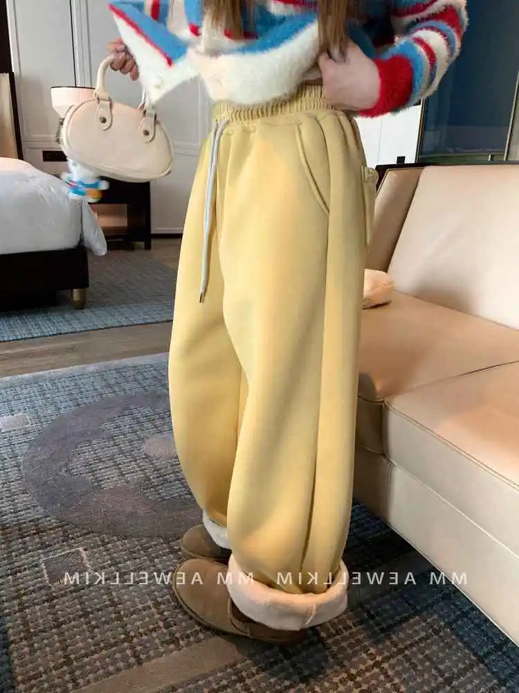 Lamb's Wool Casual Sweat Pants Women New Autumn Winter Thickened Velvet Drawstring Trouser Loose Straight Wide-legged Long Pants