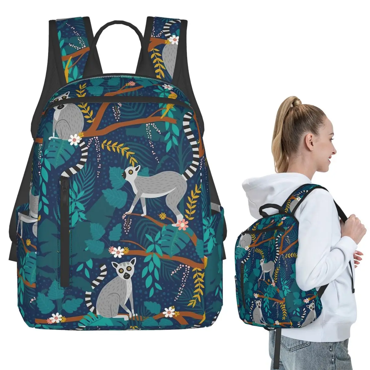 Lemurs In A Blue Jungle Backpack Student BookBag Children School Bag Computer Shoulder Bags Men Women
