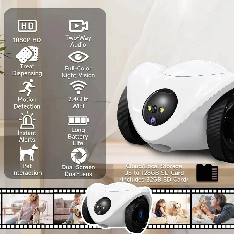 Dispensador de Petiscos com Câmera para Animais de Estimação 2026, Câmera Robô Móvel para Cães e Gatos, Segurança Interna 1080P, Comunicação Bidirecional, Apenas WiFi 2.4GHz