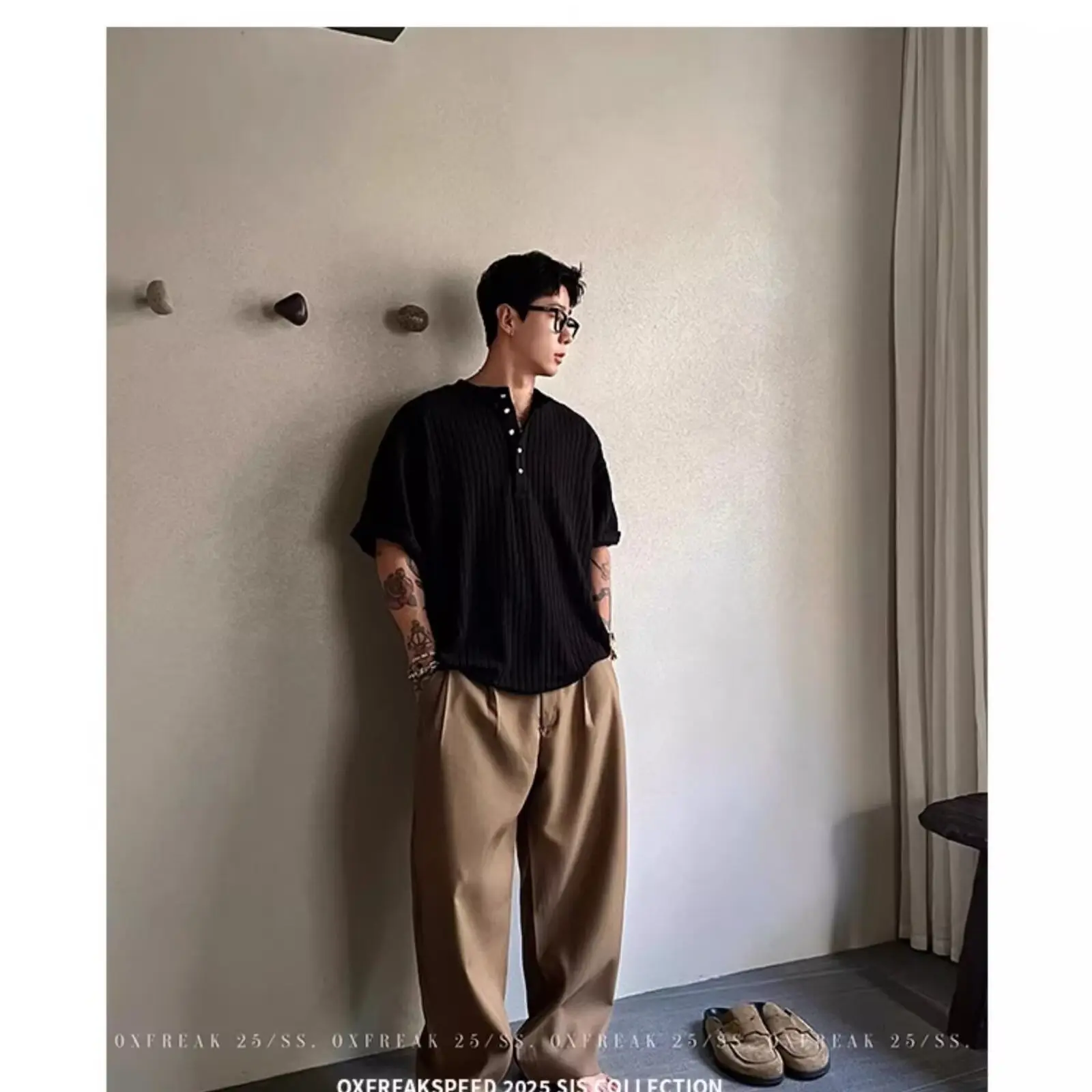 Folded Henry Neck Short Sleeve Men's Summer Slim Fit V-Neck T-Shirt Half Sleeve