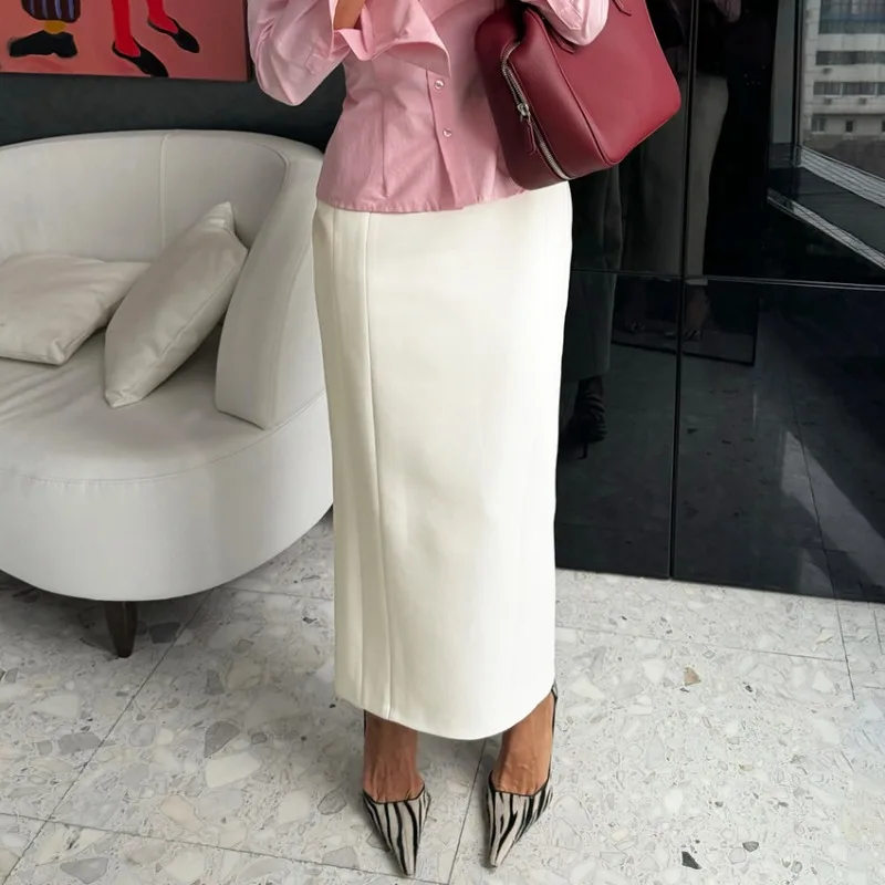 Tsiisd Commuting White Straight Leg Maxi Skirt Women Fashion High Waist Slim Casual Patchwork Party Outfit Female Maxi Skirt New image 3