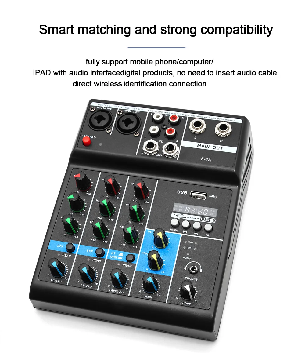 

4-полосный микшер Аудио Профессиональный звук с карточными эффектами Процессор Pro Оборудование Микшерная консоль USB Портативный видео Потребительский