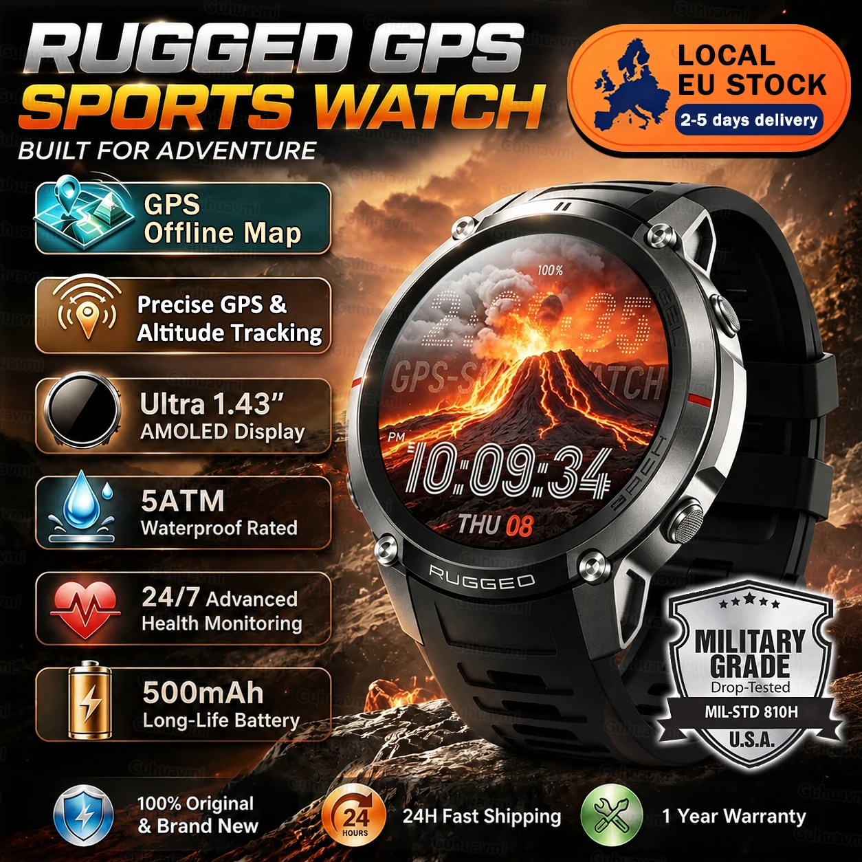 [Stock UE] Montre connectée GPS L1 + L2 double bande, robuste et durable, pour hommes et femmes, carte hors ligne, étanche 5ATM, boussole, surveillance de la fréquence cardiaque, de l'oxygène sanguin, suivi de la santé, tracker d'activité physique, aventure, plus de 170 modes sportifs pour hommes et femmes, GPS.