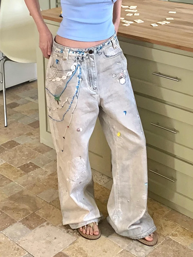 

Retro American Digital Print Pearl Lace Denim Pants High Waist Wide Leg Long Trousers for Women Spring Summer Fashion Design