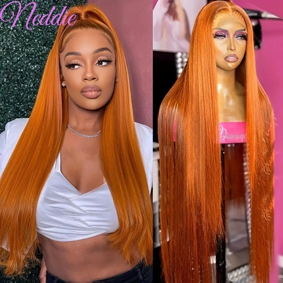 Ginger Colored Straight 13x6 HD Lace Frontal Wig 40 Inch Human Hair 100% PrePlucked Glueless Transparent Brazilian Wig For Women