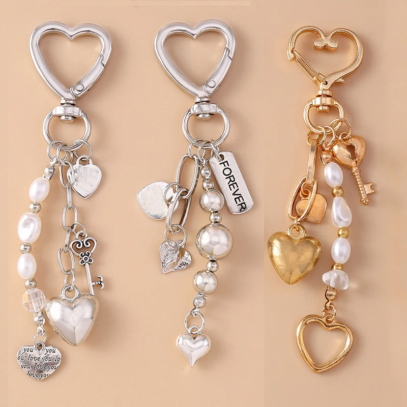 Cute Metal Love Heart Key Chain Pearl Key Ring for Women Girl Handbag Pendants DIY Handmade Jewelry Accessories