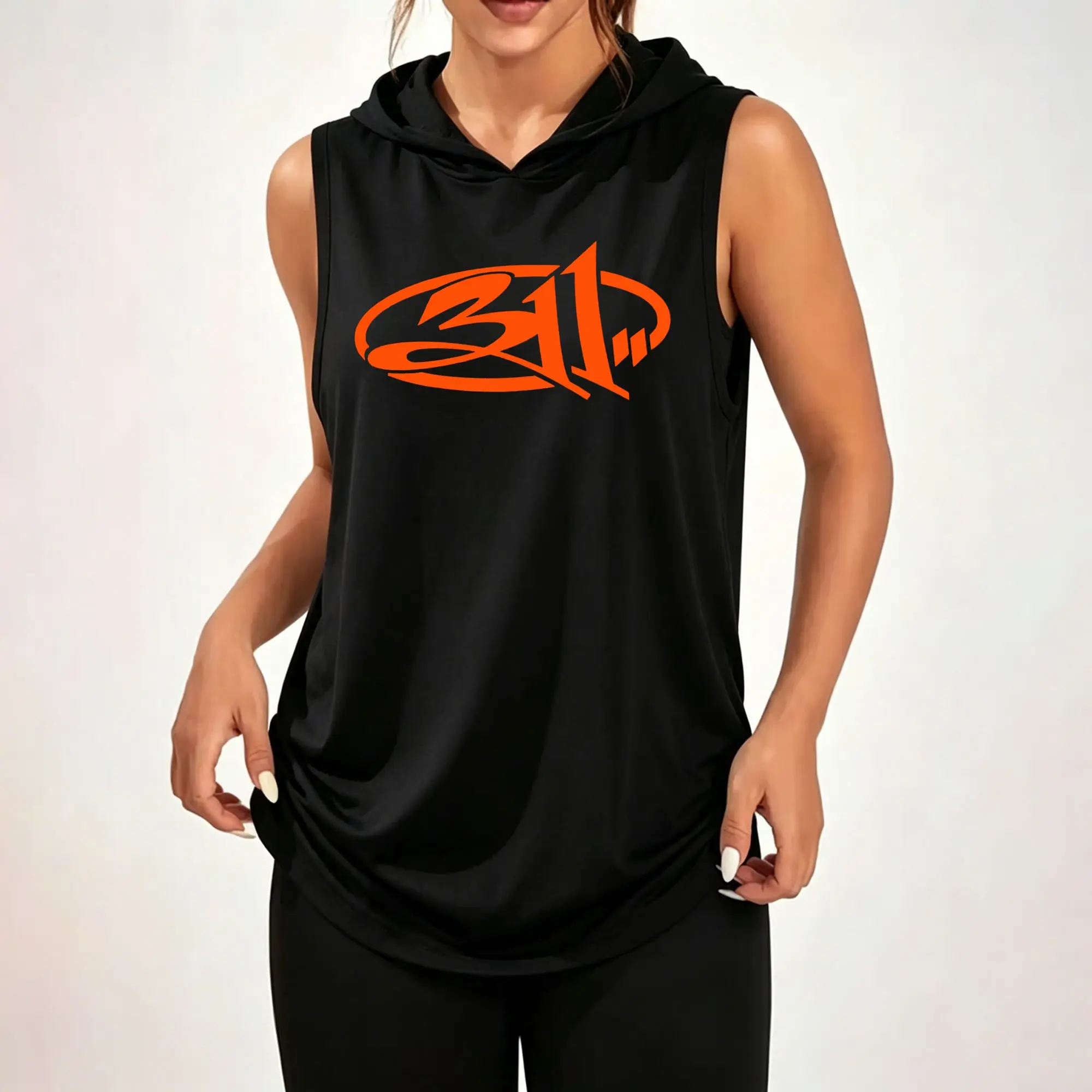 Women's Sleeveless Hoodie, 311 Orange Oval Abstract Number Logo Print Casual Hooded Tank Top