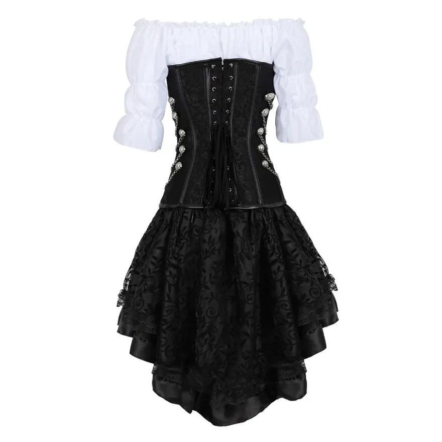 Steampunk Corset Dress Gothic PU Leather Bustier Top Renaissance Blouse With Burlesque Skirt Three-Pieces Set Pirate Costume