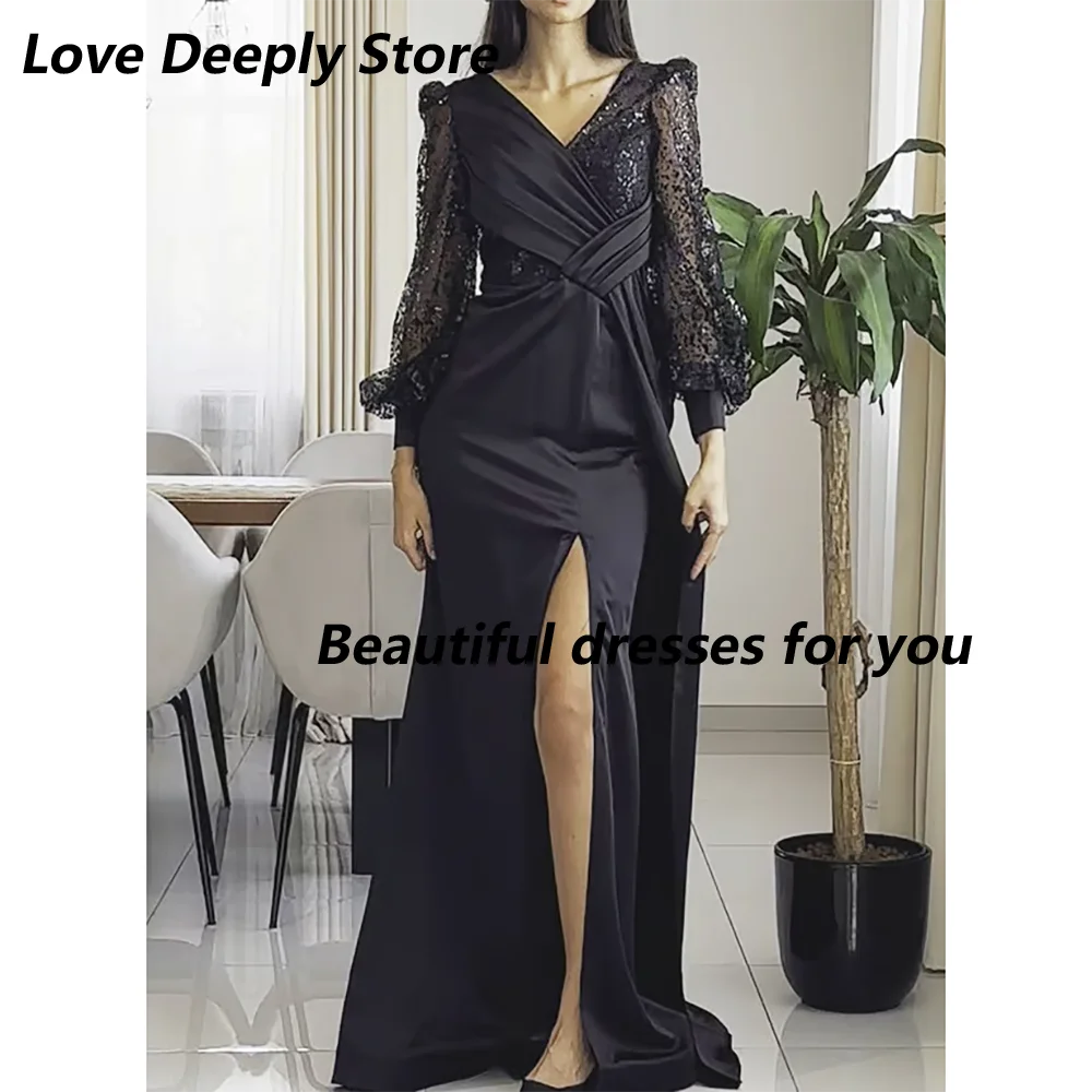 

Black Evening Dress Customized V Neck Long Sleeves Sequined Pleats Satin Prom Dresses High Split Floor Length Party Dress