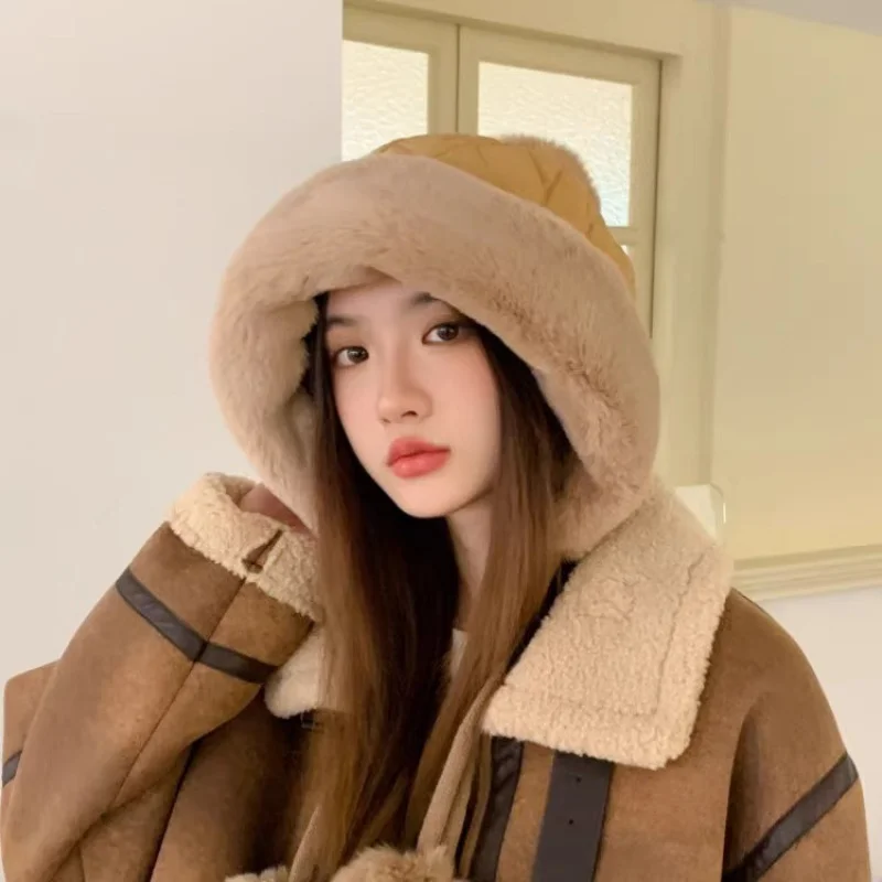 ผู้หญิงHat2024Newฤดูหนาวผ้าฝ้ายFur Ball Wind-Proofและเย็นป้องกันหมวกขี่ป้องกันหูPlush Ushanka