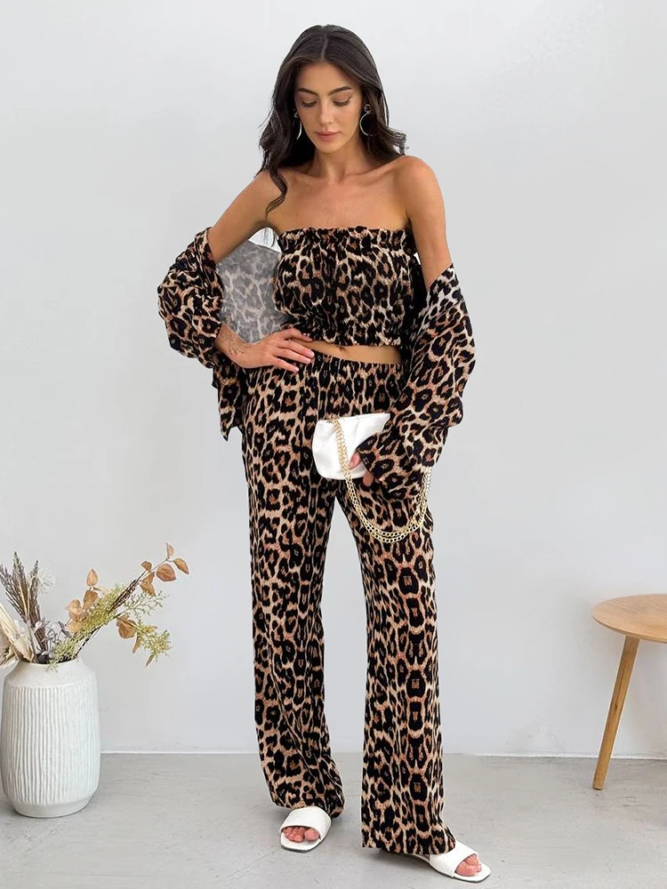 HiLoc Autumn Leopard Print Trousers Pajamas Sets 3 Pieces Fashion Long Sleeve Loose Shirts Sexy Crop Tops Women Long Pants Suits