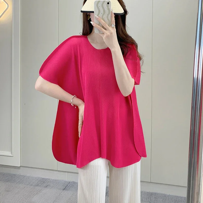 Miyake Pleated Top for Women's 2025 Summer New Sweet Loose Oversized Chubby Mm Slimming Short Sleeved T-shirt for Women's Thin