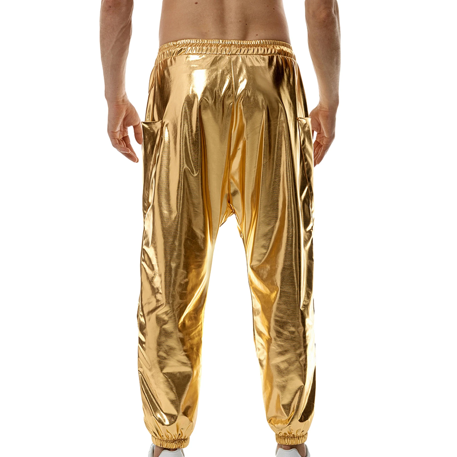 Men's Metallic Joggers Shiny Drawstring Elastic Waist Solid Color Athletic Workout Pants Sweatpants