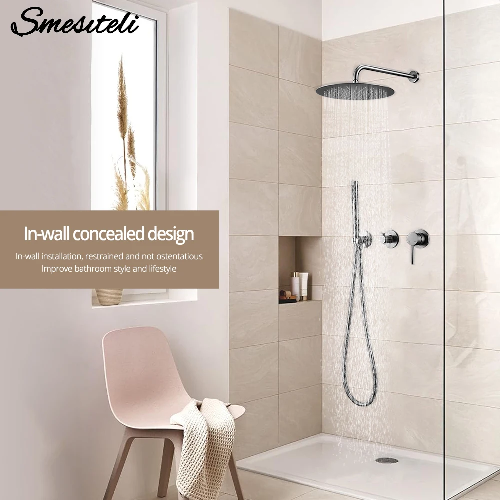 Gunmetal Shower Faucet  8-16'' Embed Box Wall Mounted ShowerHead Hot &Cold Shower Tap Handheld 2 Ways Ceiling Arm Shower Set