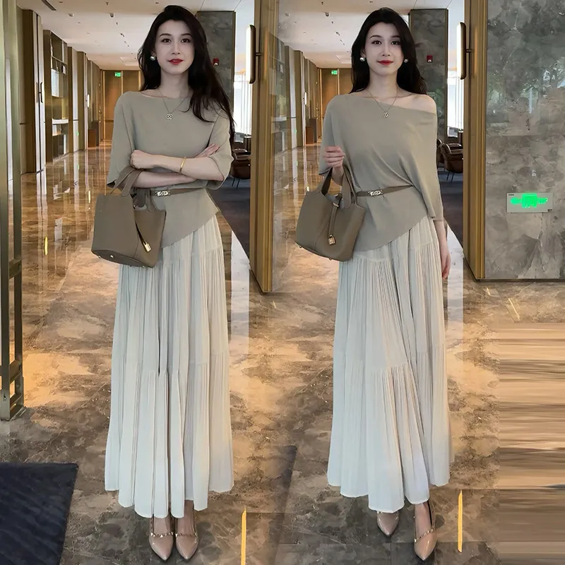 

Fashion Suit Skirt for Women Summer New Style French Loose Slimming Off Off Shoulder Top Half Body Skirt Two-piece Set