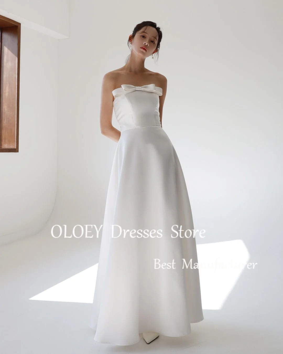 OLOEY Simple Strapless Ivory A Line Wedding Dress Korea Photoshoot Sleeveless Satin Bridal Gown Floor Length Corset Customized