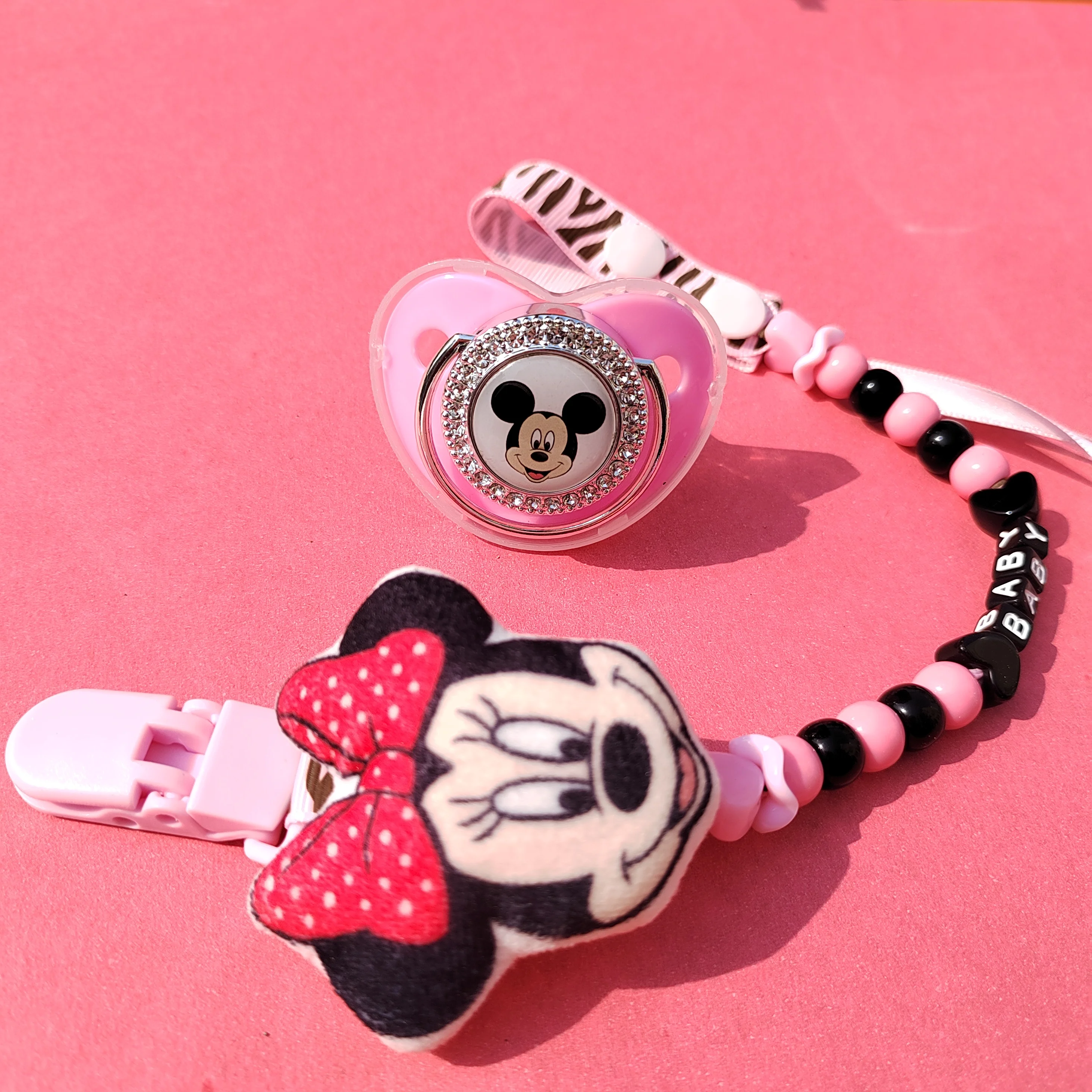 Disney Minnie Mouse Plush Dolls Cartoon Straps and Covers for Pacifiers Baby Boys and Girls Birthday Gift Silicone Chewing Bites