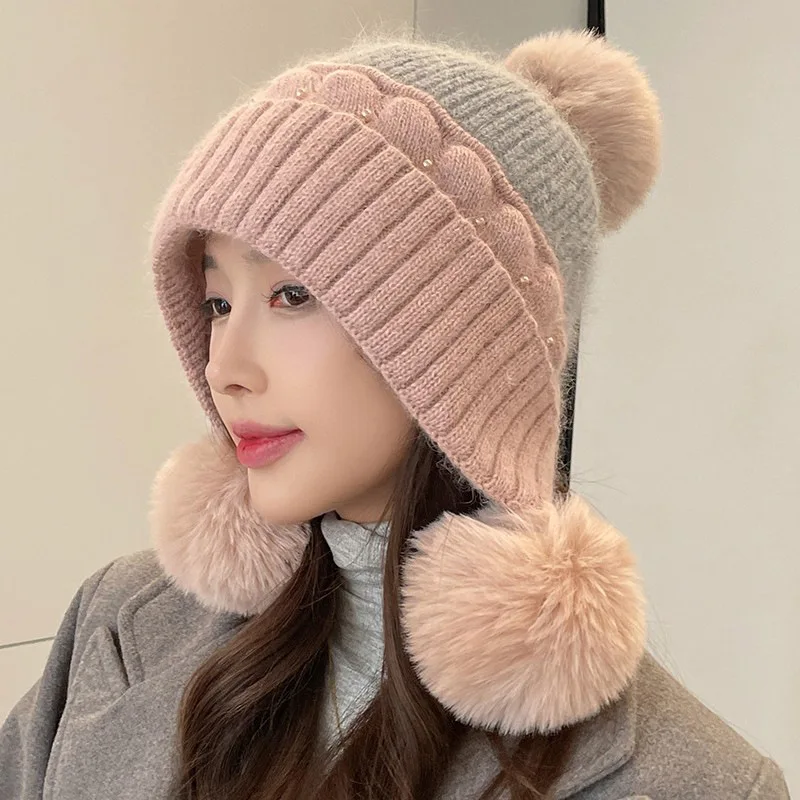 

Cute Hairball Hat Women Winter Fleece Warm Knit Cap Windproof Rabbit Hair Student Pullover Woolen Hat Outdoor M572