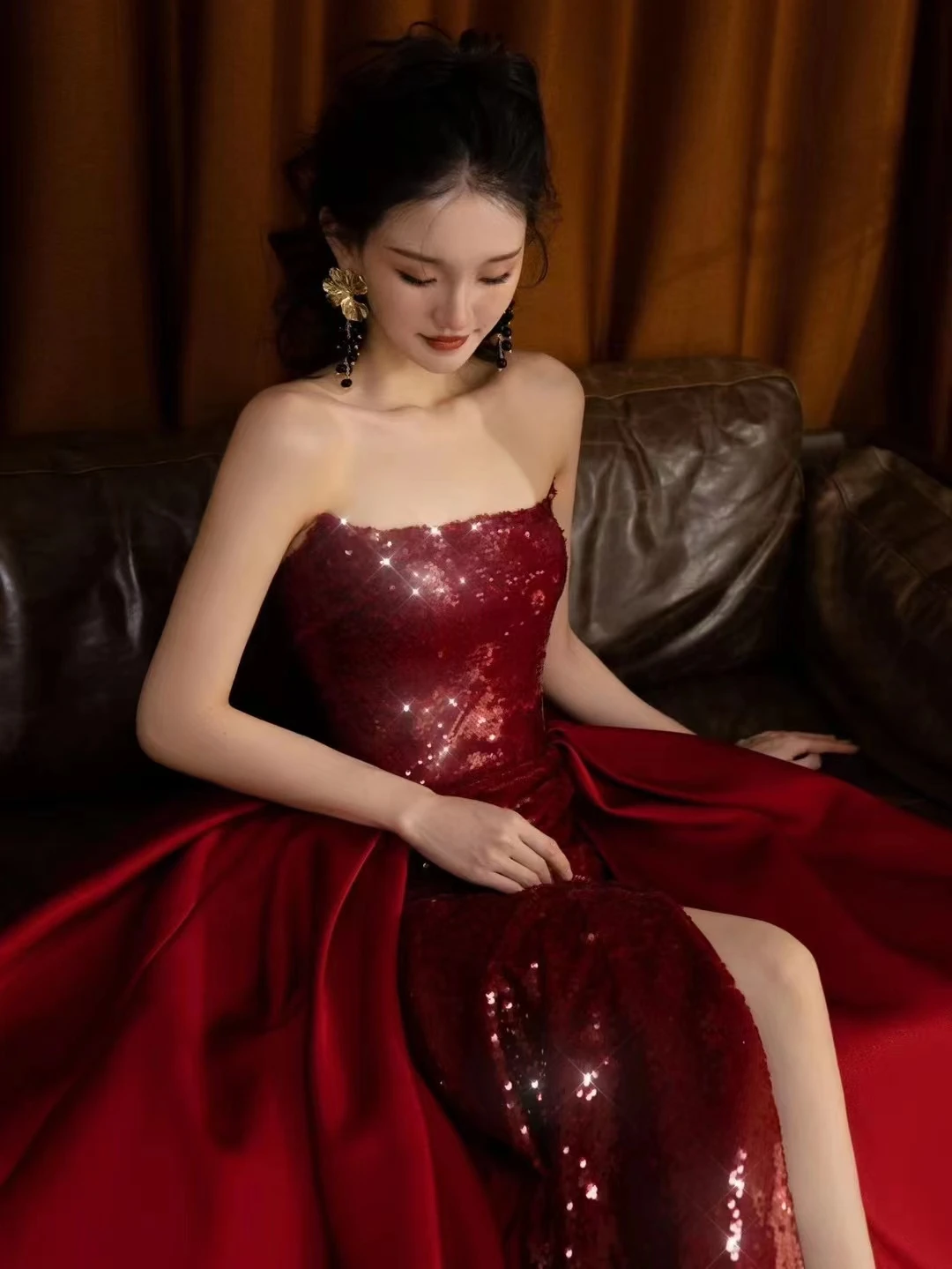 Customized Red Sequins Mermaid Evening Dress for Women Sexy Slim Strapless Glittering Satin Fishtal Party Formal Gowns Vestidos