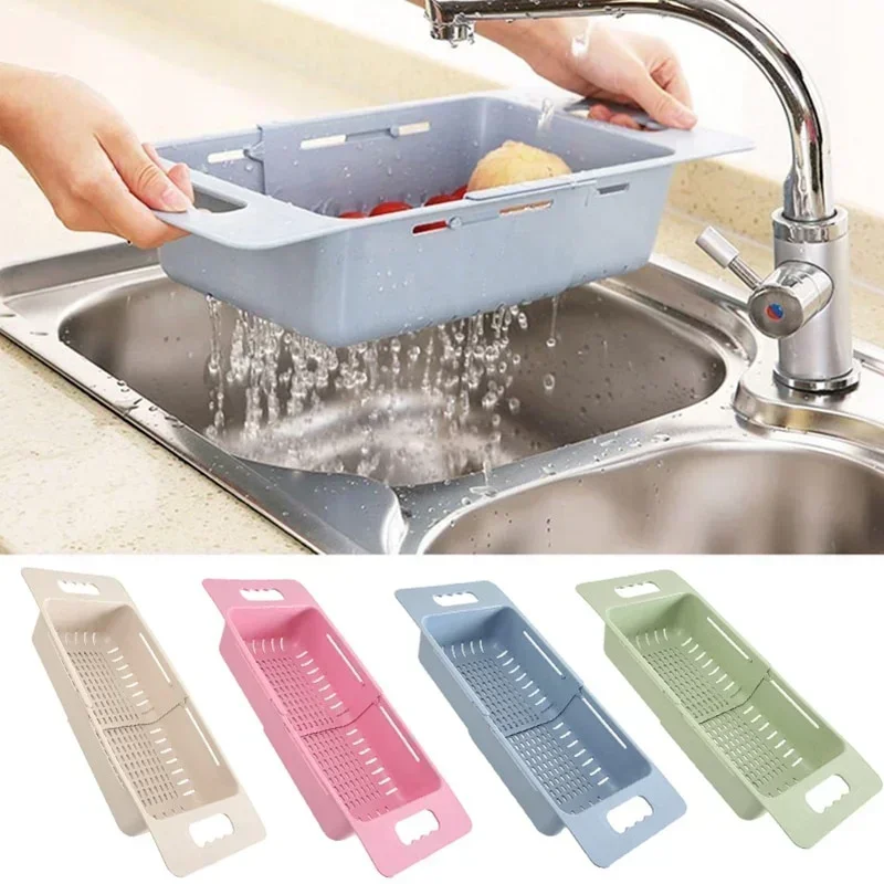 Kitchen Portable Adjustable Dish Drainer Sink Drain Basket Washing Vegetable Fruit Plastic Drying Rack Accessories Supplies