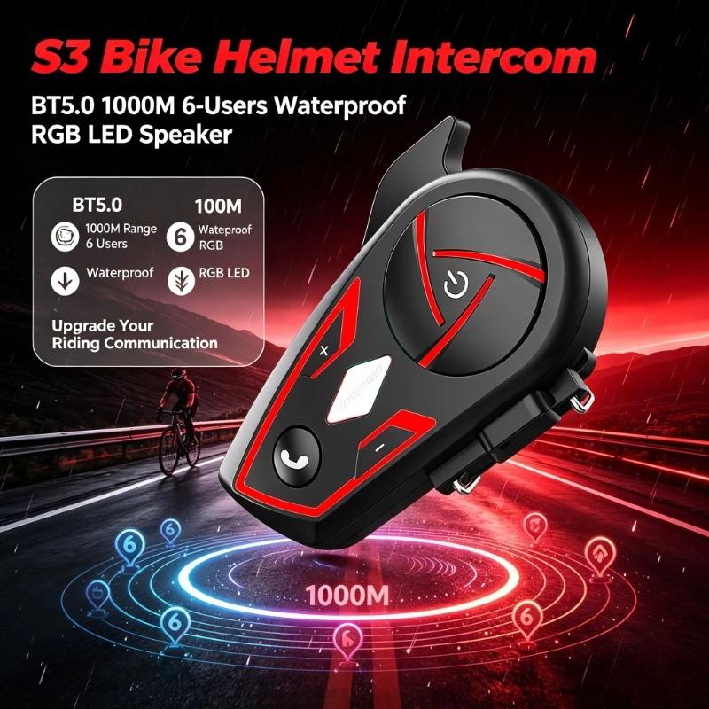 Houtonsen S3 Helmet Intercom BT5.0 RGB LED 1000M 6‑Users Waterproof Group Cycling Communication Headset Gear