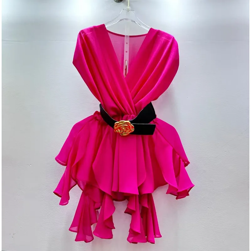 

Модная рубашка для женщин, лето 2025 года, дизайн, плиссированная талия для похудения, нерегулярный подол, элегантная блузка с v-образным вырезом