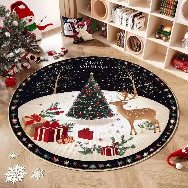 VIKAMA Christmas Tree Round Rug Reindeer Gift Pattern Non Slip Circular Carpet Merry Xmas Holiday Living Room Bedroom Floor Mat