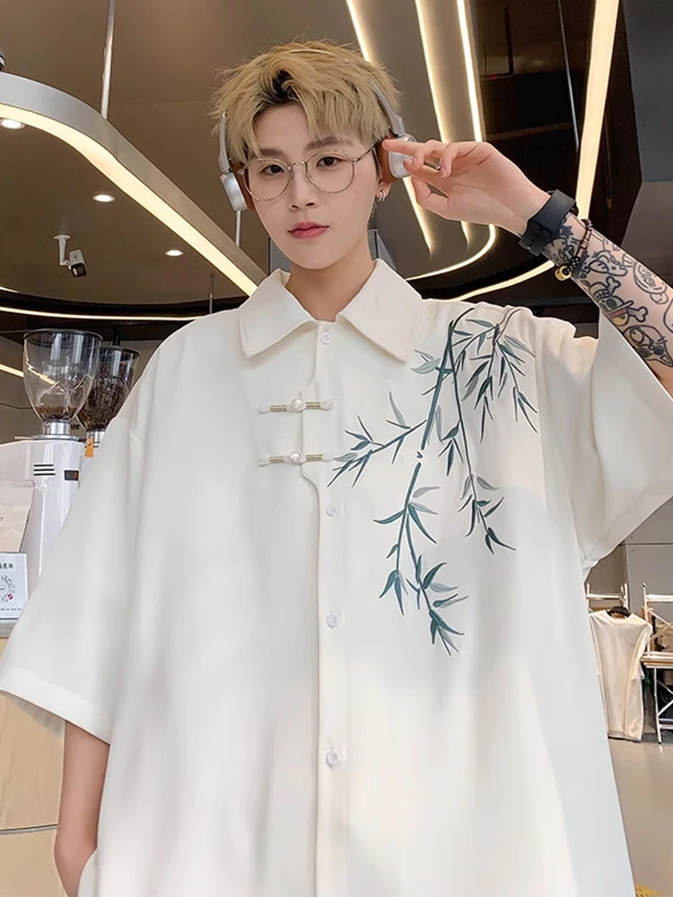 

Легкая бамбуковая рубашка с вышивкой, мужская, свободного кроя, летняя, модная, в китайском стиле, тонкая верхняя одежда, куртка