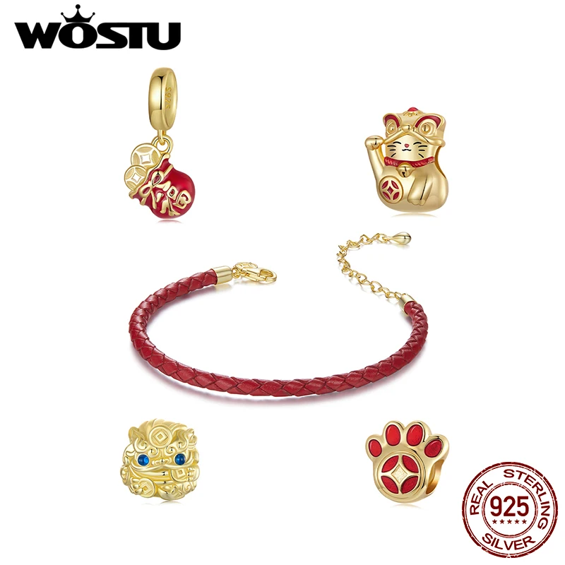

WOSTU 925 Silver New Year Gift Lucky Red KOI Charm Lucky Bag Pendant Pawprint Beads Fit Fortune Red Rope Bracelet DIY Jewelry