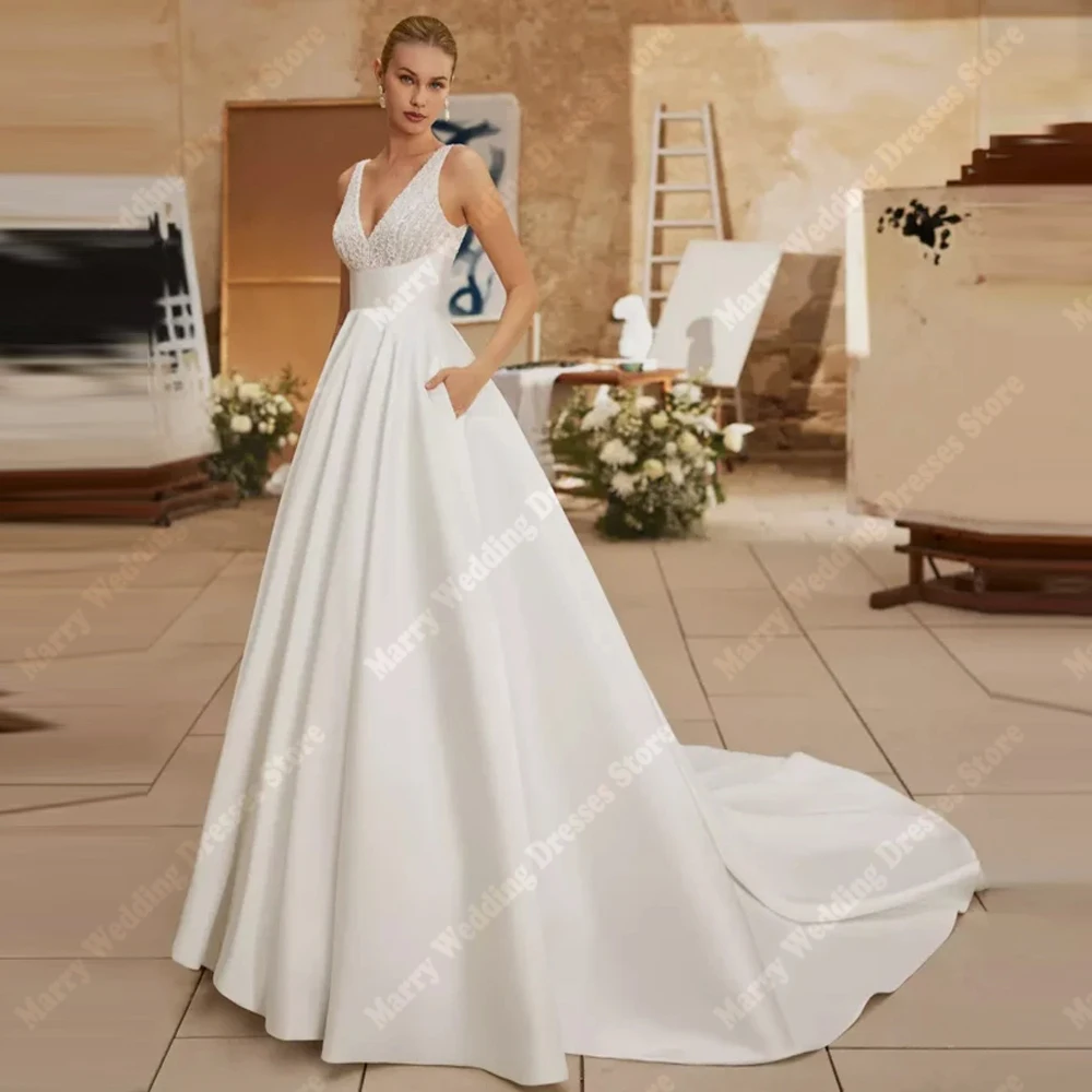 

Elegant V-Neck Women Wedding Dresses Gorgeous A-Line Sleeveless Satin Bride Gowns Mopping Length Party Robe De Mariée Customized
