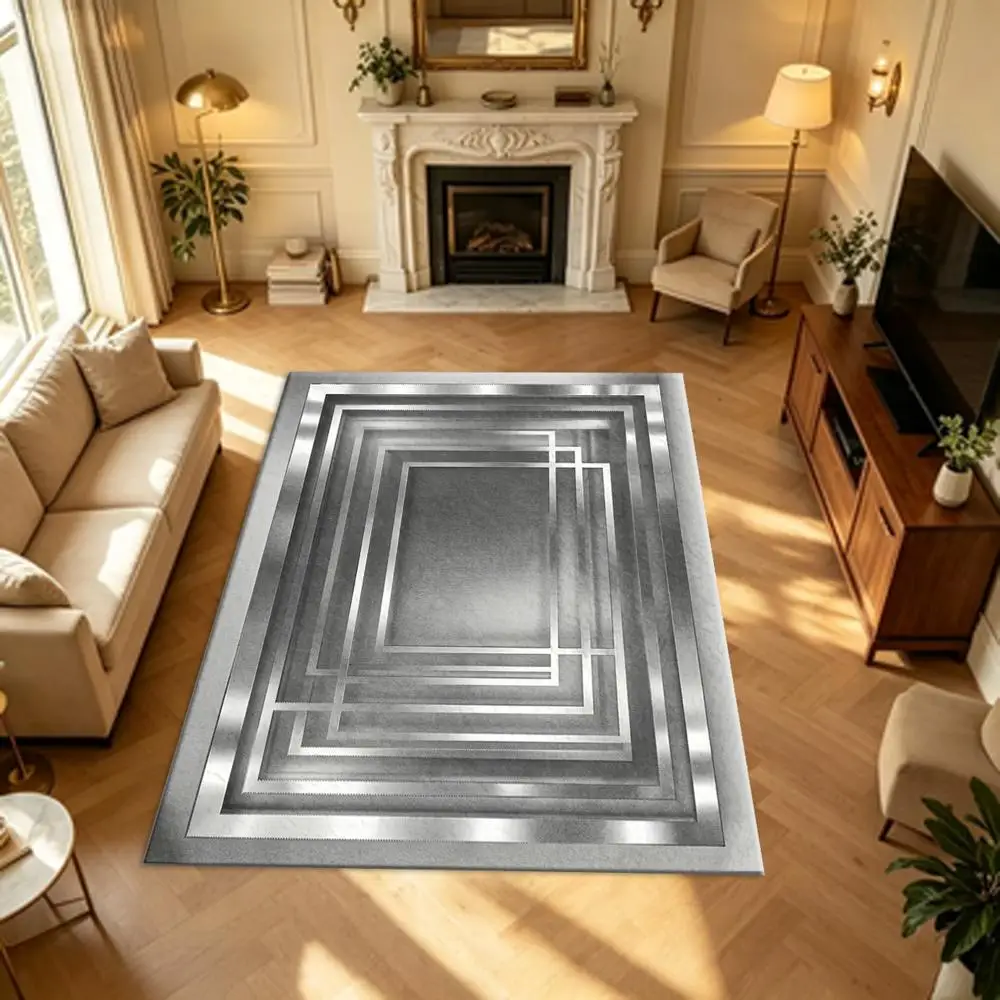 Silver Metal Geometric Layered Frame Carpet Flooring, Minimalist Luxury Square Rug for Home Decoration