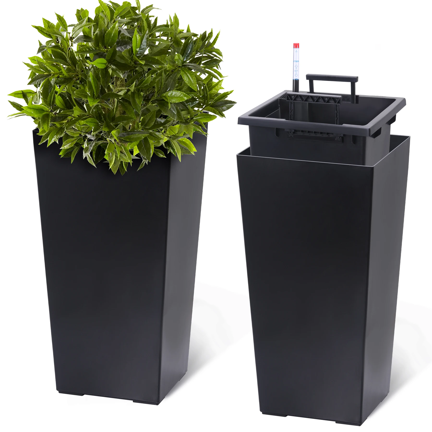 Tall Planters Set of 2, Outdoor＆Indoor Black Planter Pots, High Front Porch Planter Pots With Drainage Holes＆Water Level Monitor＆Inner Bucket, Automatic Watering