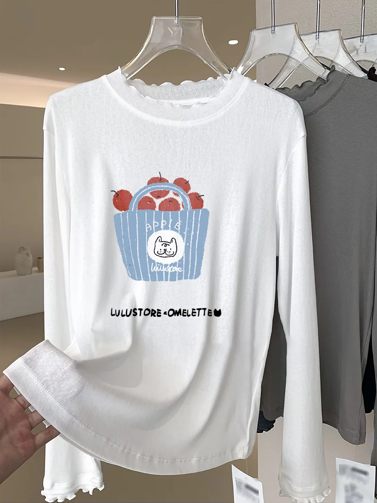 Korean Style Long Sleeve T-Shirt Women's Simple Print Layering Skin-friendly Comfortable Base Shirt Trendy Wood Grain 