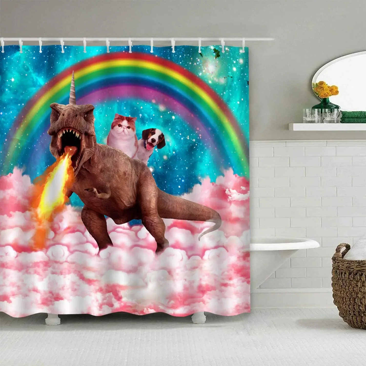 Cartoon Fun Dinosaur Breathing Fire Rainbow Waterproof By Ho Me Lili Shower Curtain Colorful Bathroom Decor