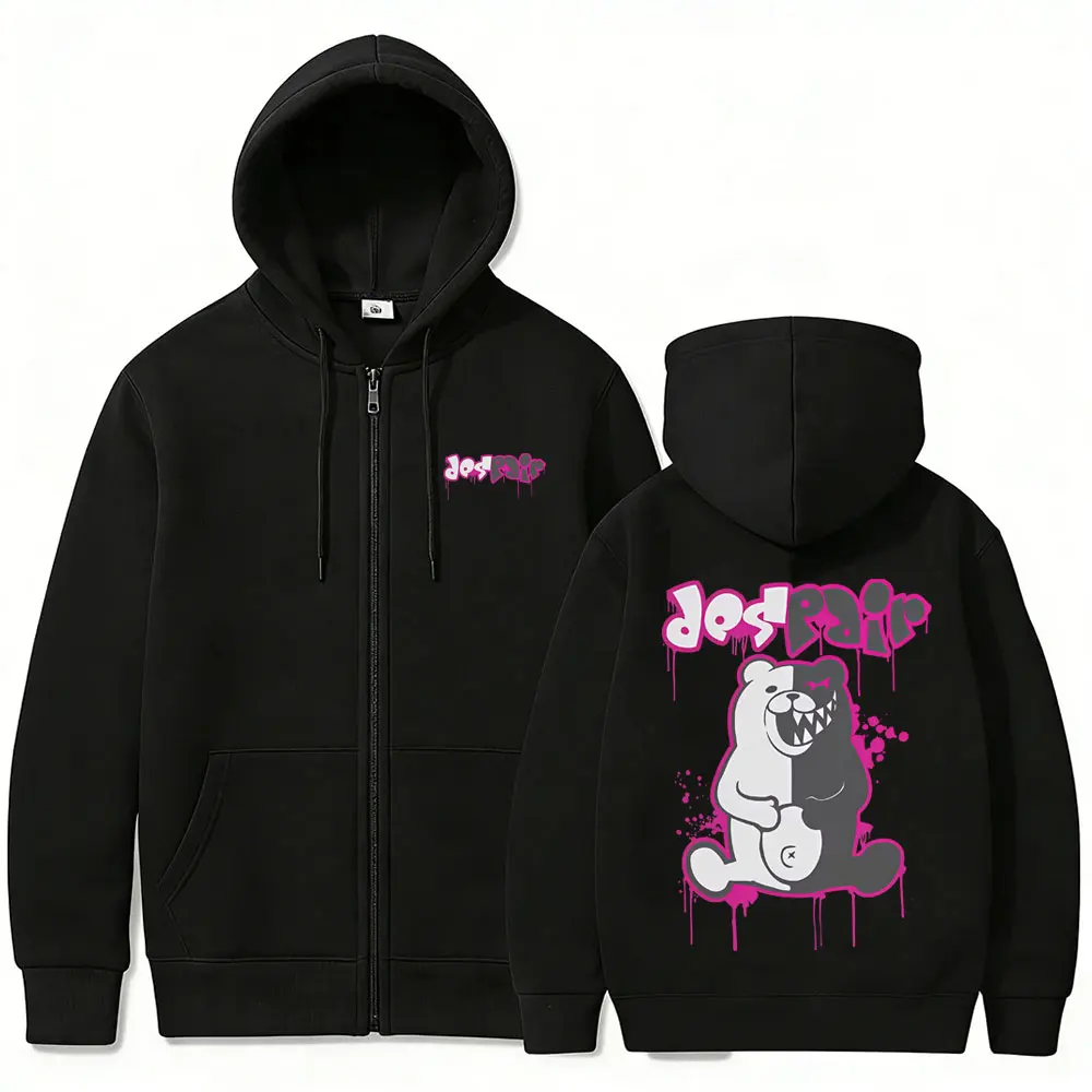 Anime Danganronpa Monokuma Graphic Zipper Hoodie Men Women Manga Oversized Zip Up Jacket Male Fleece Cotton Zip Up Sweatshirt