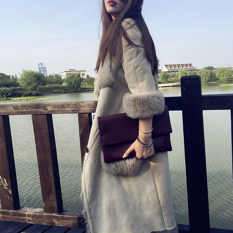 Goat Skin Coat Female Genuine Goat Fur Jacket Vintage Elegant Fox Fur Sleeves Jackets for Women Winter 2024 Abrigos Zjt1278