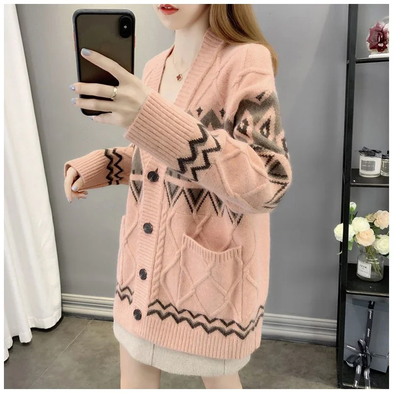 Knitted Cardigan New Sweater Coat Women Loose Spring Autumn Jacquard Wearing Online Celebrity Korean Lazy Wind Top Female