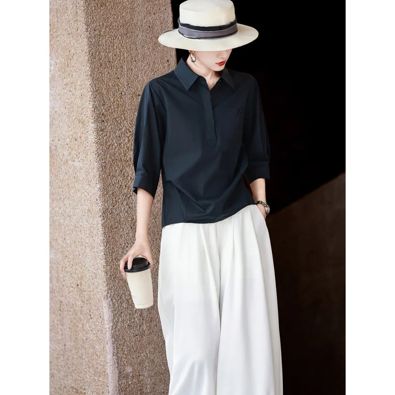 MEXCOCO Spring Autumn Women Tencel Blouse, New Elegant Commuter Casual Solid Color Loose Slim Fit Versatile Shirt Top