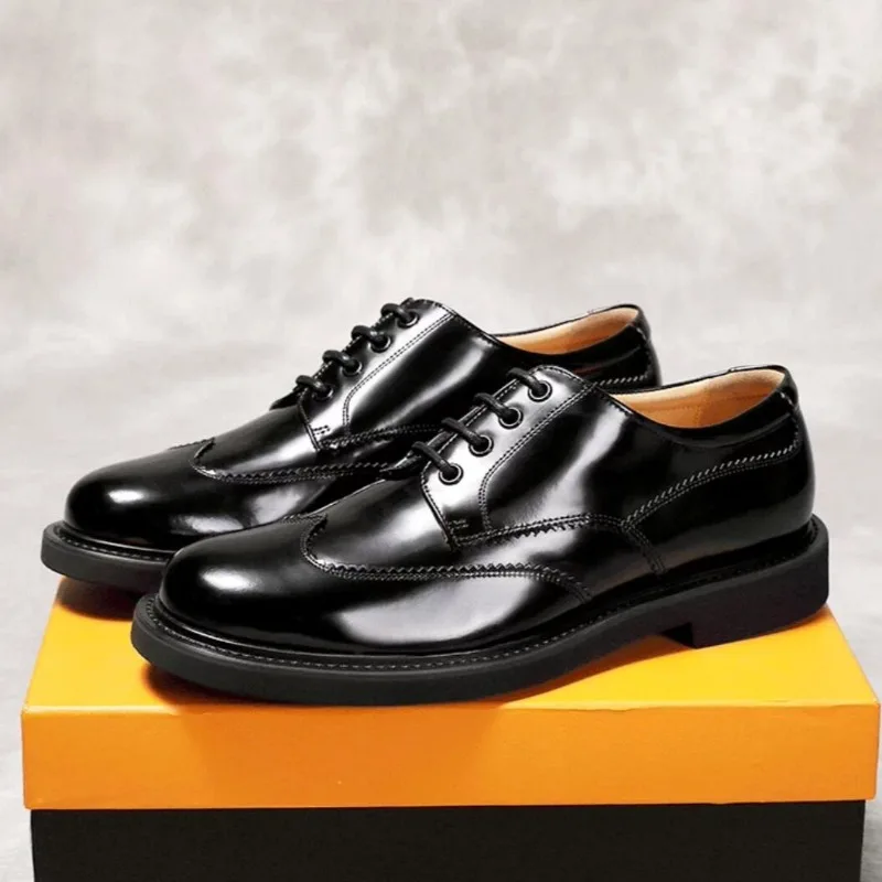 Trendy Men Black Genuine Leather Brogue Derby Shoes Lace‑Up British Style Formal Casual Business Party Dress Wedding Shoes