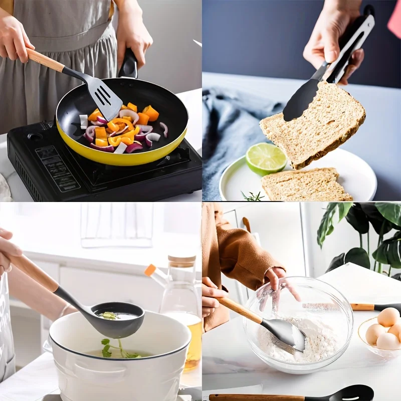 30pcs Silicone Utensil with Wooden Handles,Perfect for Cooking,Non-Stick , Easy to Clean, Kitchen Gadgets  for Christmas Gifting