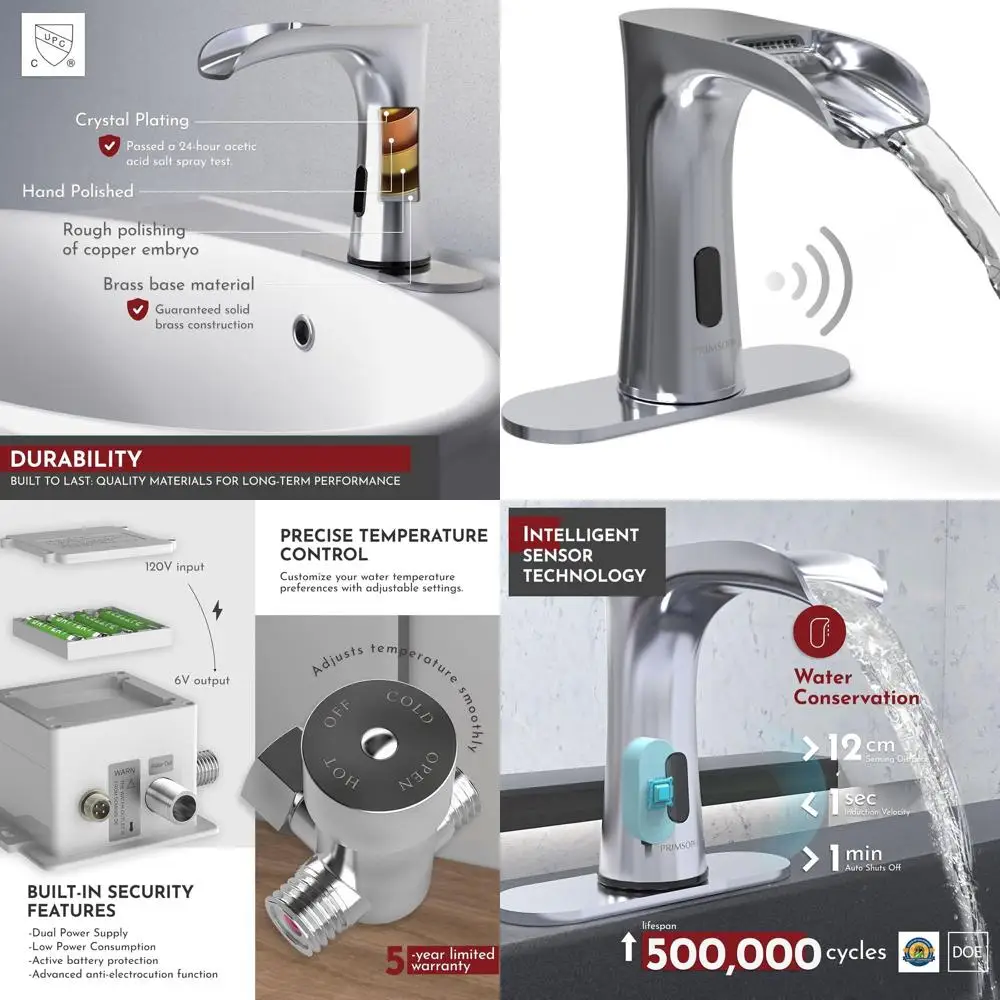 

Touchless Infrared Motion Sensor Faucet, Battery or Plug-in, Chrome Finish, for Commercial Bathroom Sinks