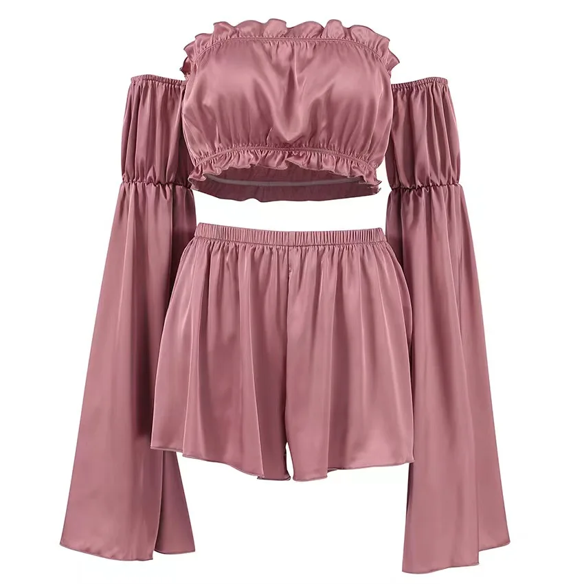 ชุดเสื้อครอปแขนยาวและกางเกงขาสั้น ชุดลำลองสำหรับผู้หญิง ผ้าโพลีเอสเตอร์ คอลเลคชั่นฤดูร้อน 2023